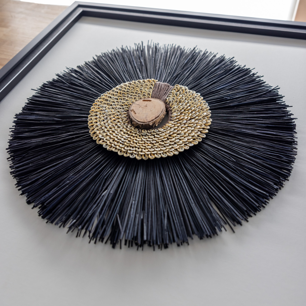 African Wood, Shell Ring Coffee & Grass Mat Black Artwork 67 x 85cm