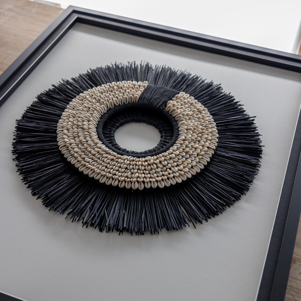 African Shell Ring Black & Grass Mat Black on White Artwork 67 x 85cm