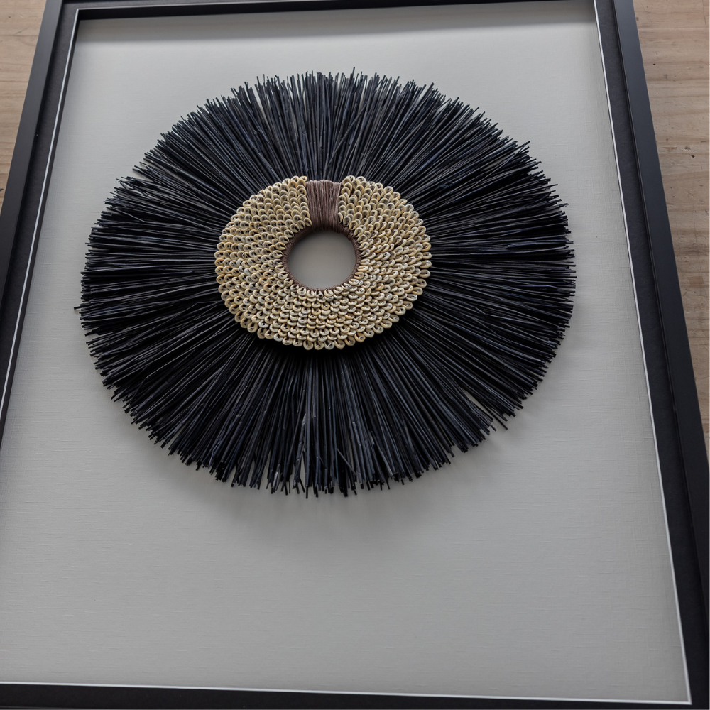 African Shell Ring Coffee & Grass Mat Black Artwork 67 x 85cm