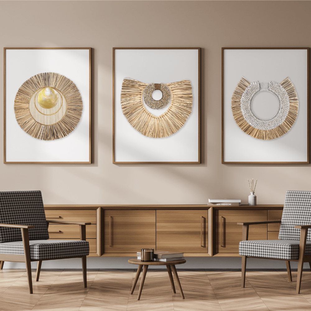 Bandhini Design House Artwork African Shell Disc and Wood Sticks Artwork 67 x 85cm