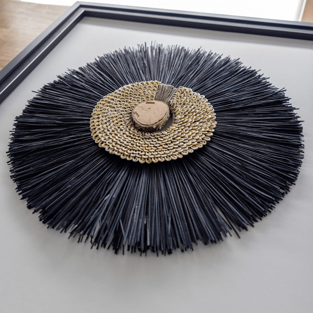 Bandhini Design House Artwork African Wood, Shell Ring Coffee & Grass Mat Black Artwork 67 x 85cm