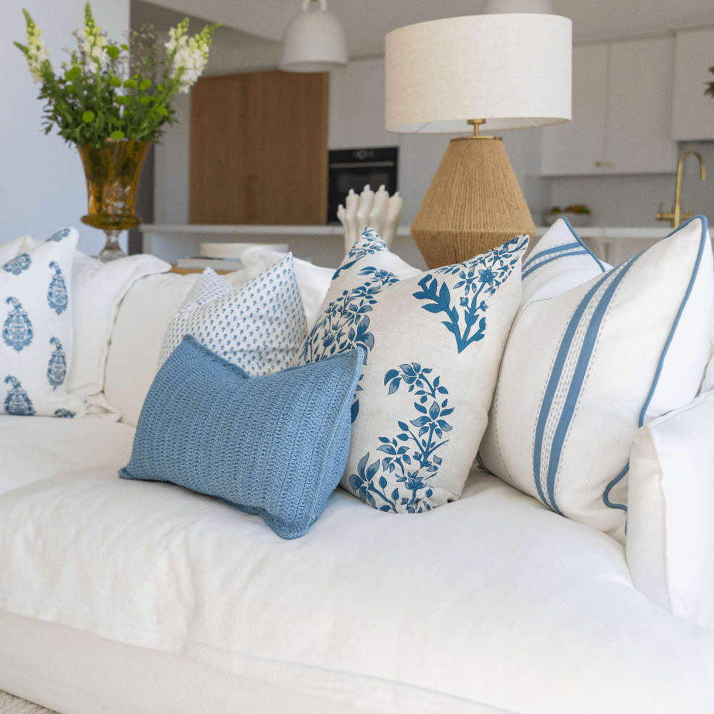 Bandhini Design House Coastal Devon Crochet Blue Lumbar Cushion 35 x 53cm