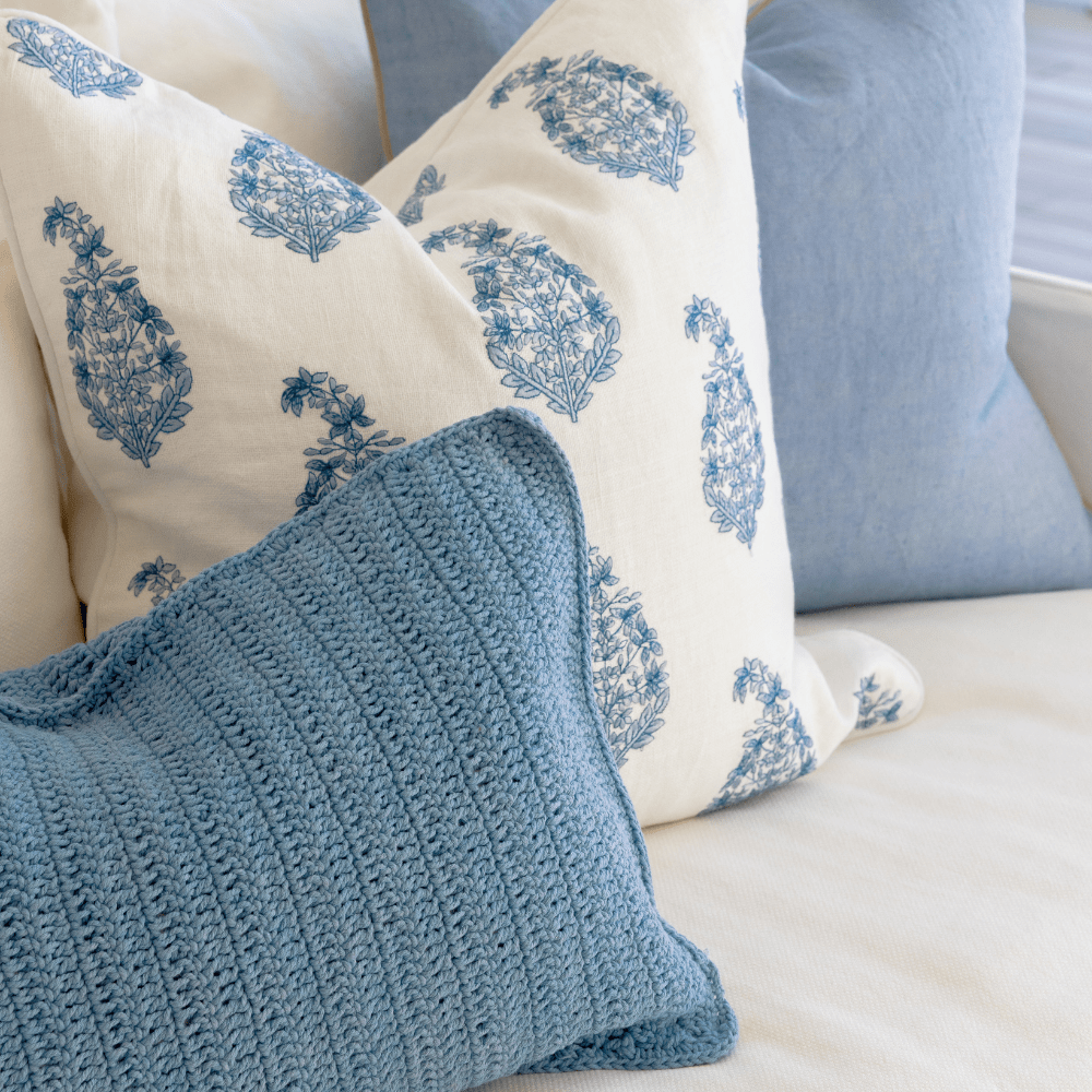 Bandhini Design House Coastal Devon Crochet Blue Lumbar Cushion 35 x 53cm