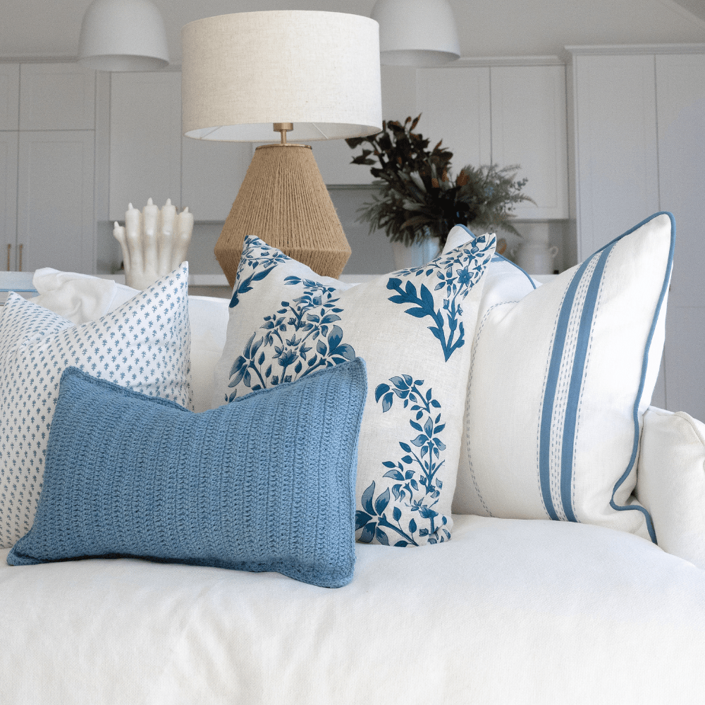 Bandhini Design House Coastal Devon Crochet Blue Lumbar Cushion 35 x 53cm