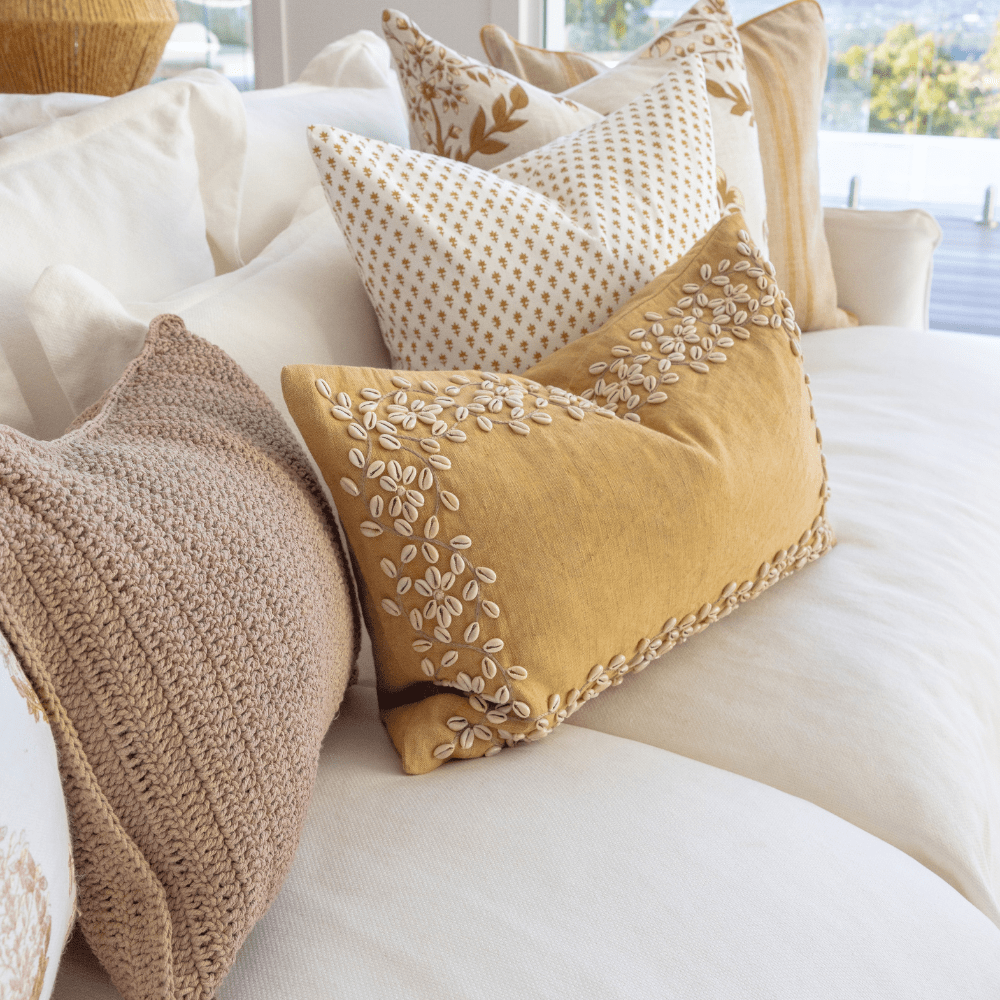 Bandhini Design House Coastal Devon Crochet Natural Lumbar Cushion 35 x 53cm