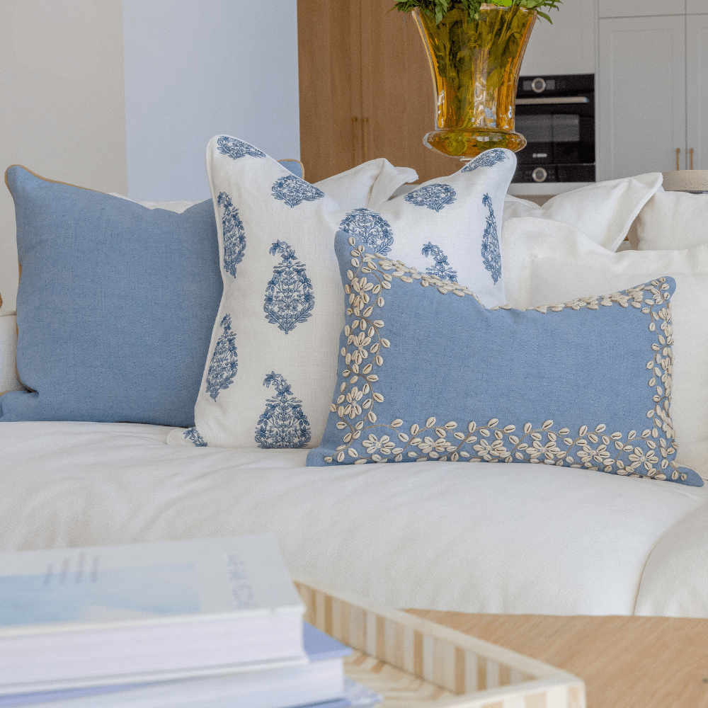 Bandhini Design House Coastal Devon Devon Paisley Embroidery Blue Lounge Cushion 55 x 55cm