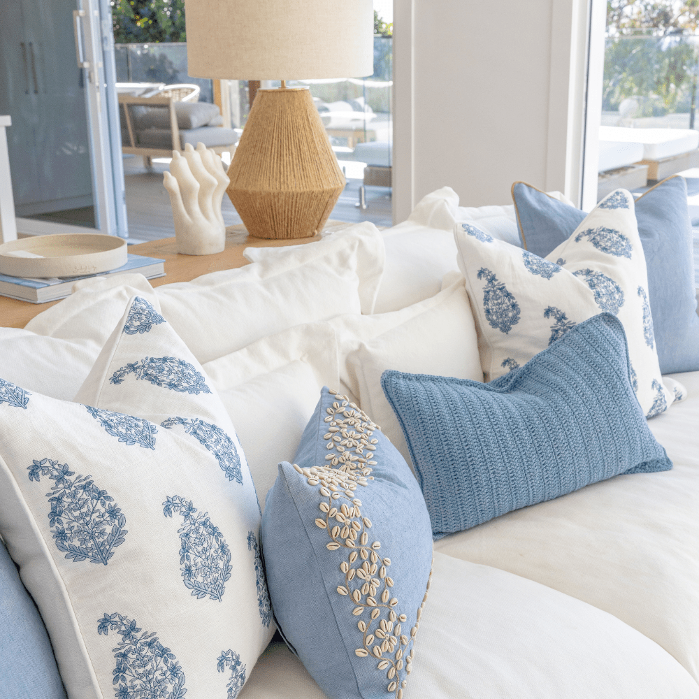 Bandhini Design House Coastal Devon Devon Paisley Embroidery Blue Lounge Cushion 55 x 55cm