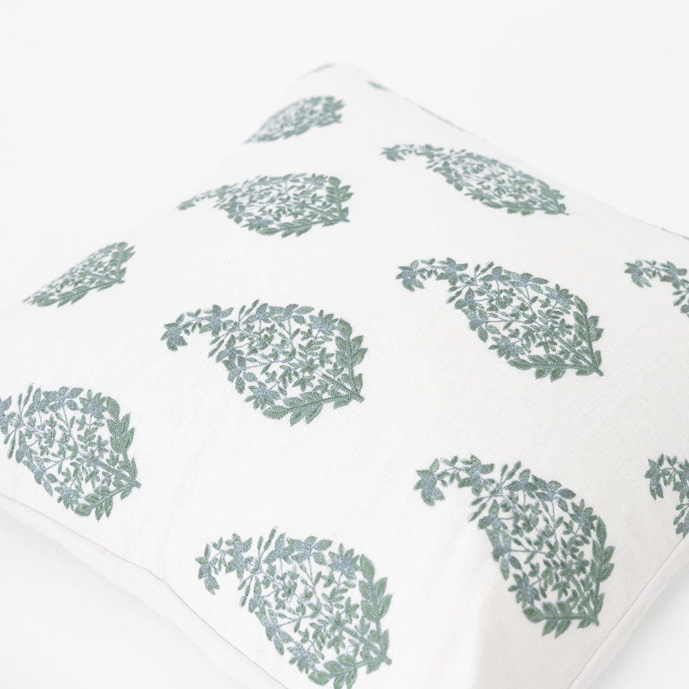 Bandhini Design House Coastal Devon Devon Paisley Embroidery Green Lounge Cushion 55 x 55cm