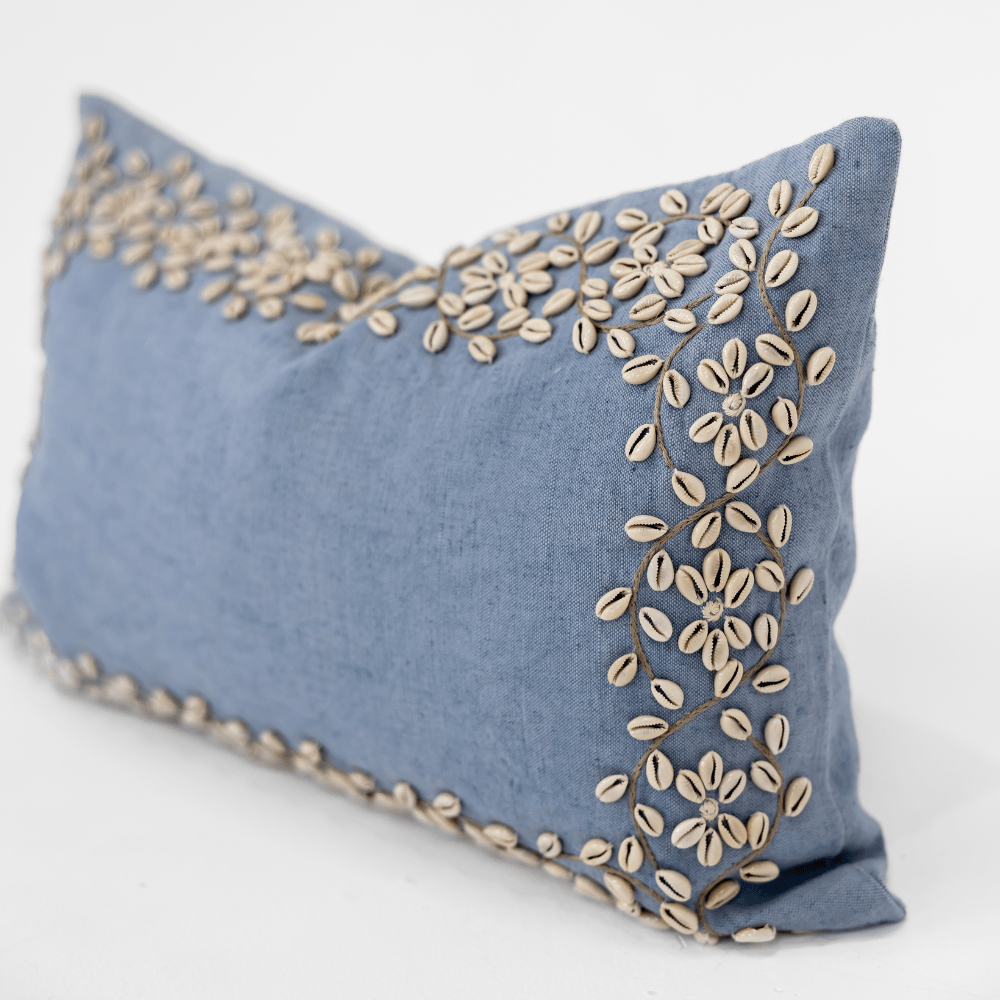 Bandhini Design House Coastal Devon Kauri Embroidery Blue Lumbar Cushion 35 x 53cm