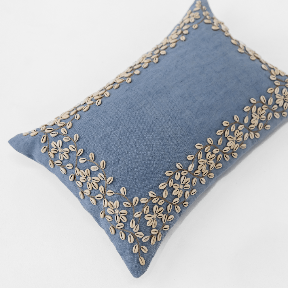 Bandhini Design House Coastal Devon Kauri Embroidery Blue Lumbar Cushion 35 x 53cm