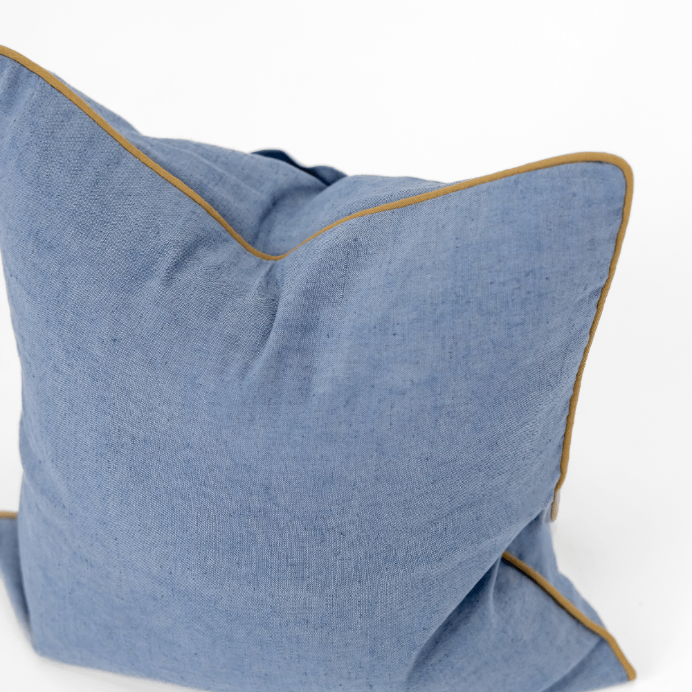 Bandhini Design House Coastal Devon Linen Piped Blue & Mustard Lounge Cushion 55 x 55cm