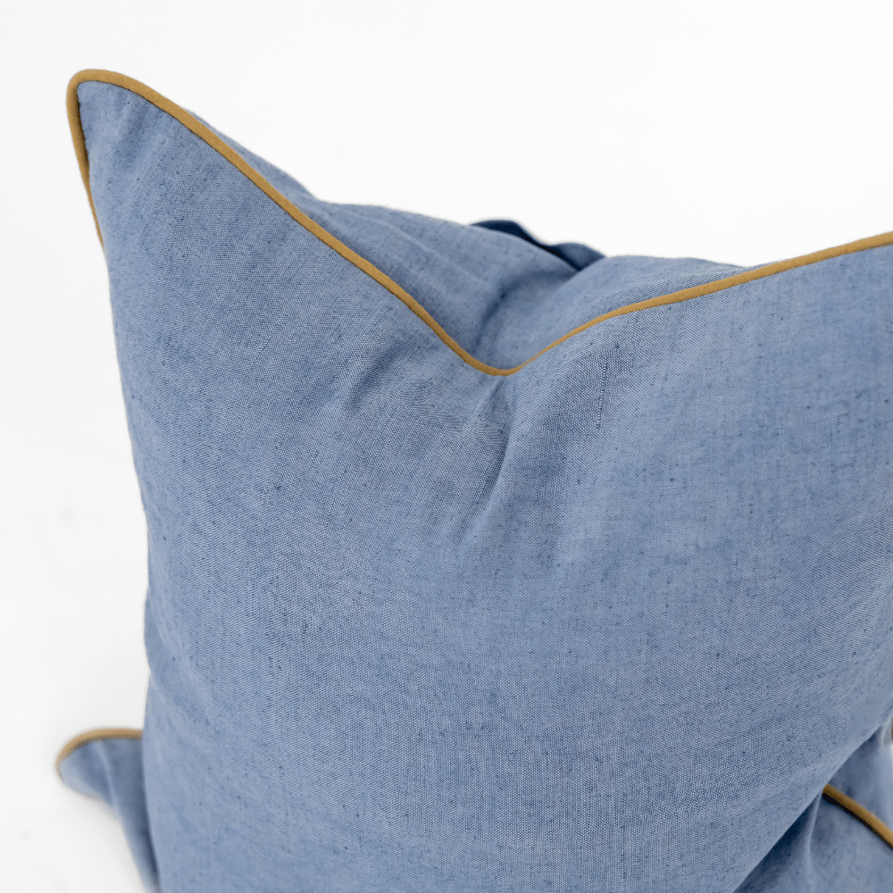 Bandhini Design House Coastal Devon Linen Piped Blue & Mustard Lounge Cushion 55 x 55cm