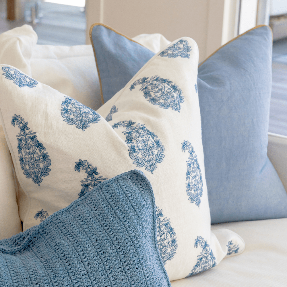 Bandhini Design House Coastal Devon Linen Piped Blue & Mustard Lounge Cushion 55 x 55cm