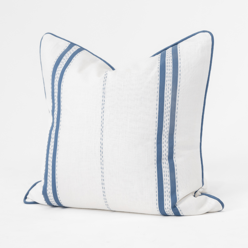 Bandhini Design House Coastal Devon Linen Piped Embroidery Blue Lounge Cushion 55 x 55cm