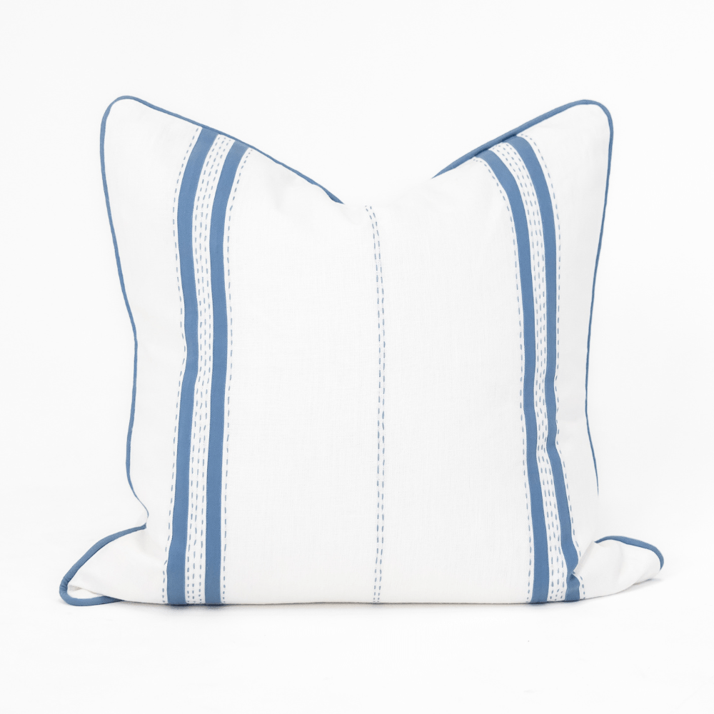 Bandhini Design House Coastal Devon Linen Piped Embroidery Blue Lounge Cushion 55 x 55cm