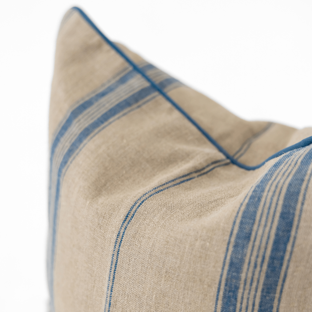 Bandhini Design House Coastal Devon Linen Piped Striped Blue Lounge Cushion 55 x 55cm