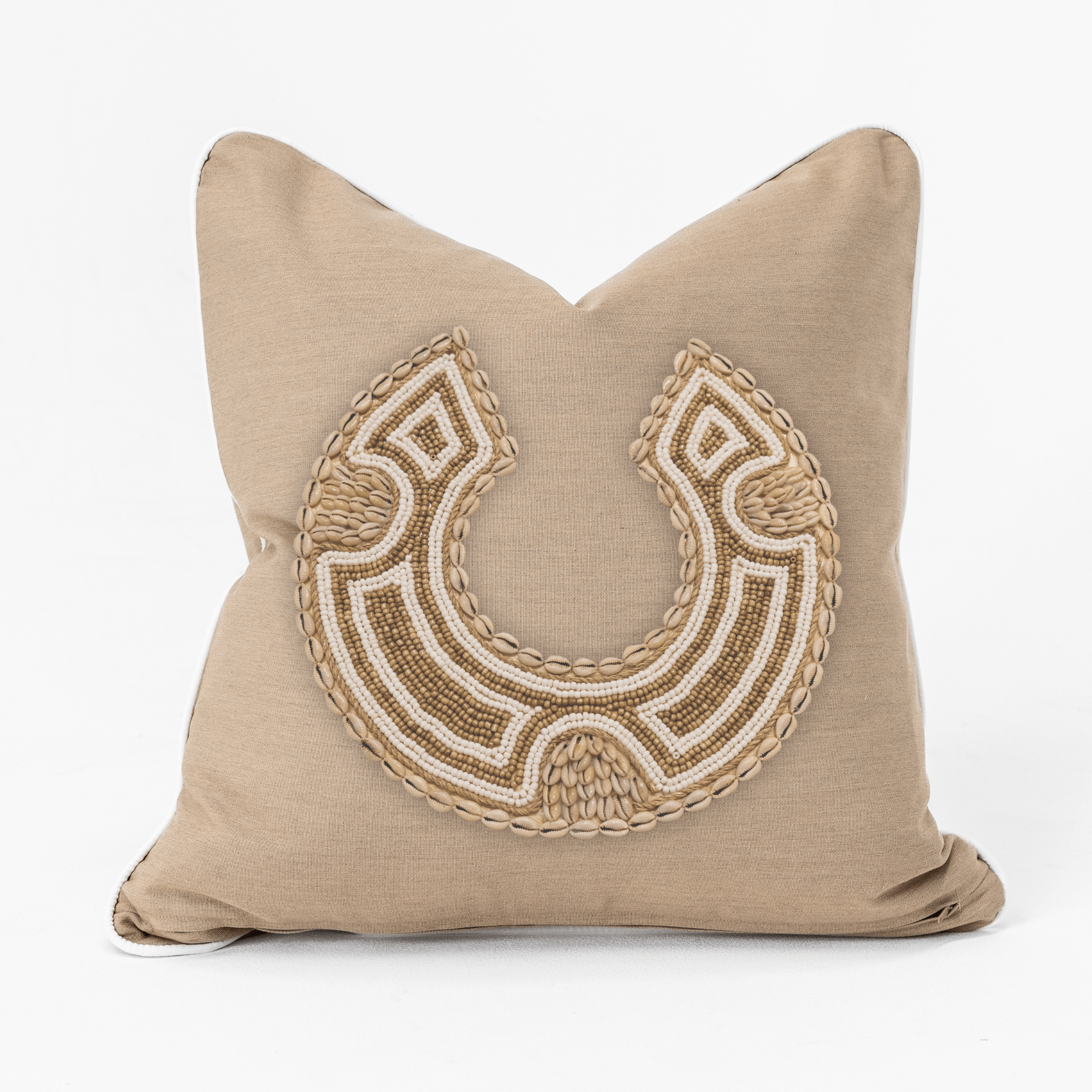 Bandhini Design House Coastal Devon Outdoor African Bead Caramel Horseshoe Piped Heather Beige Lounge Cushion 55 x 55cm