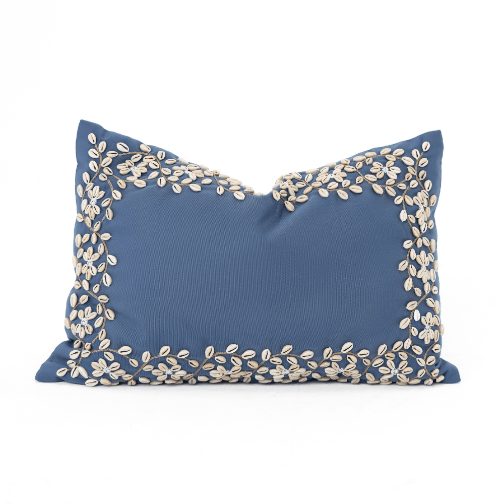 Bandhini Design House Coastal Devon Outdoor Kauri Embroidery Blue Lumbar Cushion 35 x 53cm