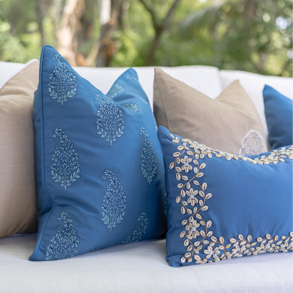 Bandhini Design House Coastal Devon Outdoor Kauri Embroidery Blue Lumbar Cushion 35 x 53cm