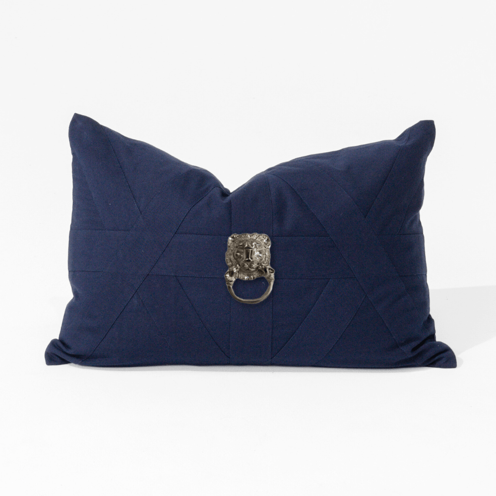 Bandhini Design House Lounge Cushion Creature Metal Silver Lion Head Navy Lumbar Cushion 35 x 53cm