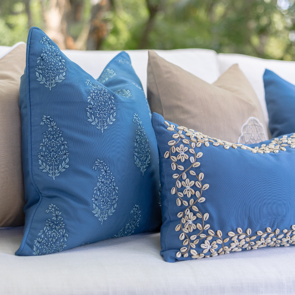 Bandhini Design House Lounge Cushion Outdoor Devon Paisley Embroidery Blue Lounge Cushion 55 x 55cm