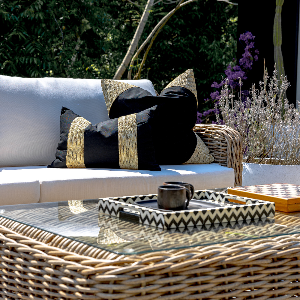 Bandhini Design House Lounge Cushion Outdoor Raffia Corners Black & Natural Lounge Cushion 55 x 55cm