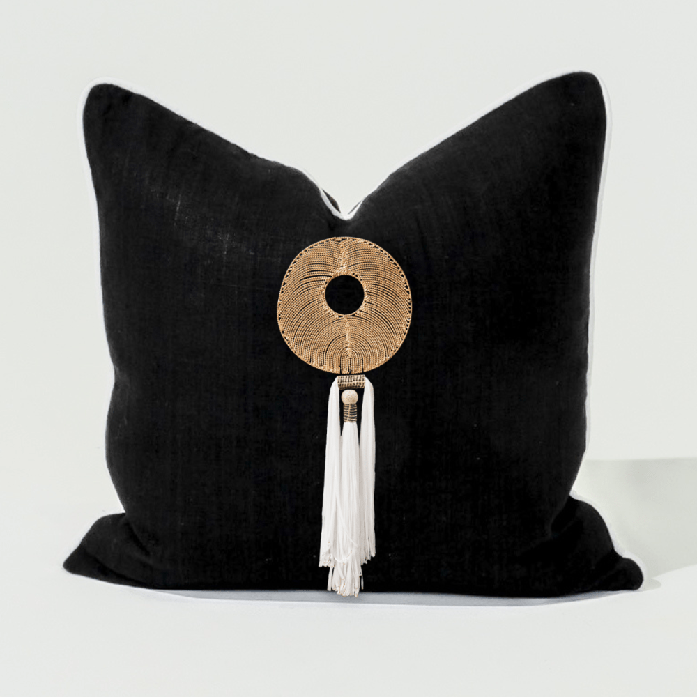 Bandhini - Design House Lounge Cushion White Tassel Gold Disc Black & White Lounge Cushion 55 x 55cm