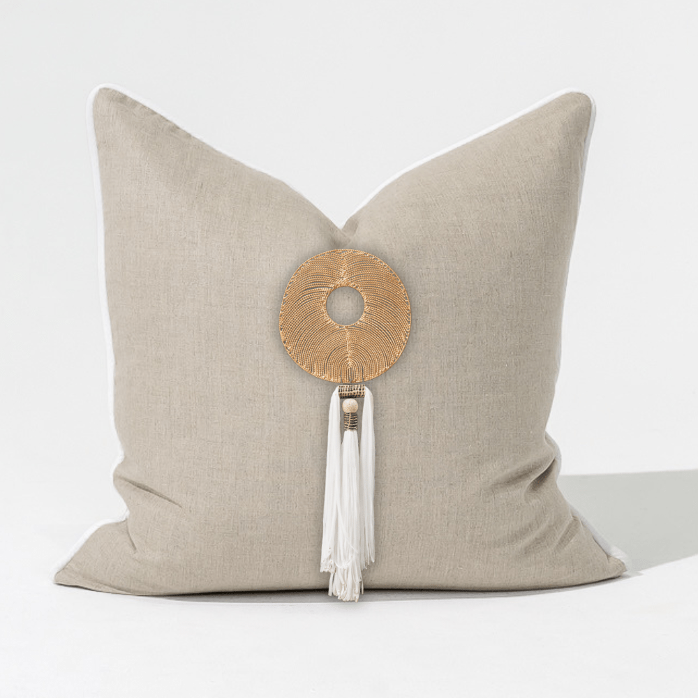 Bandhini - Design House Lounge Cushion White Tassel Gold Disc Natural & White Lounge Cushion 55 x 55cm