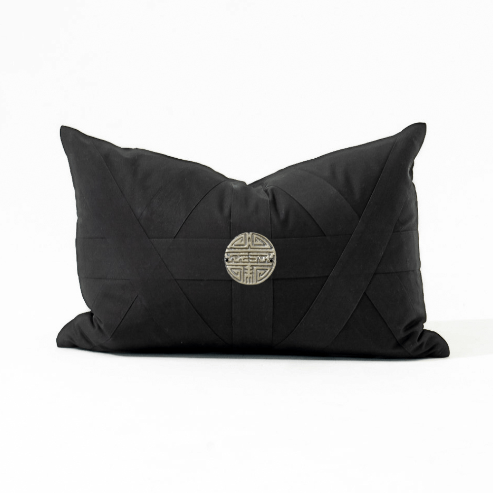 Bandhini Design House Lumber Cushion Silver Coin Amulet Black Lumbar Cushion 35 x 53cm