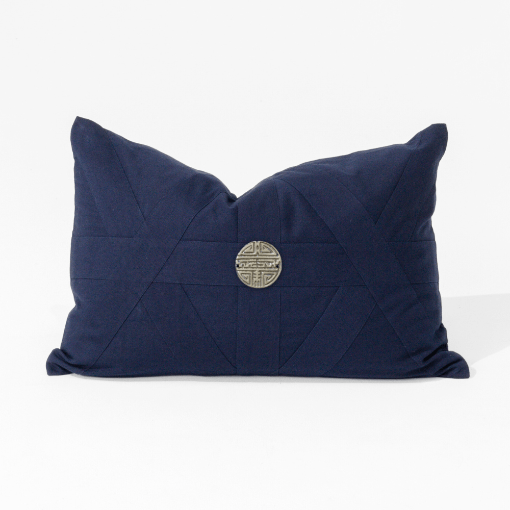 Bandhini Design House Lumber Cushion Silver Coin Amulet Navy Lumbar Cushion 35 x 53cm