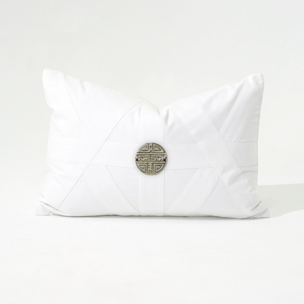 Bandhini Design House Lumber Cushion Silver Coin Amulet White Lumbar Cushion 35 x 53cm