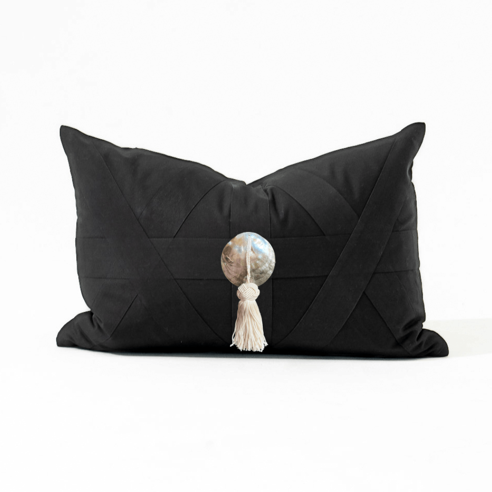 Bandhini Design House Lumber Cushion White Shell Tassel Black Lumbar Cushion 35 x 53cm