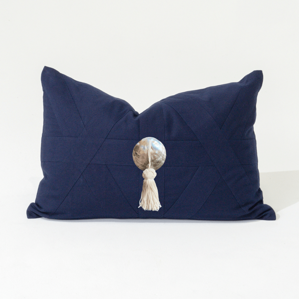 Bandhini Design House Lumber Cushion White Shell Tassel Navy Lumbar Cushion 35 x 53cm