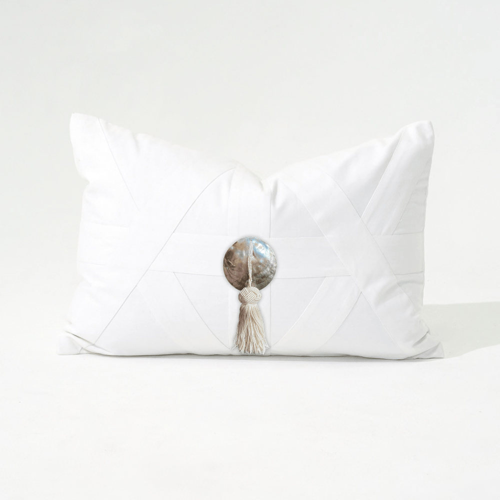 Bandhini Design House Lumber Cushion White Shell Tassel White Lumbar Cushion 35 x 53cm