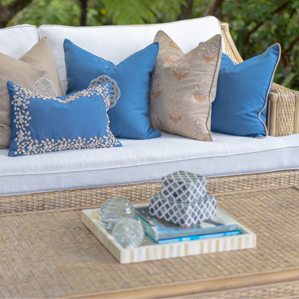 Bandhini Design House Outdoor Cushion Outdoor Piped Blue & Beige Lounge Cushion 55 x 55cm